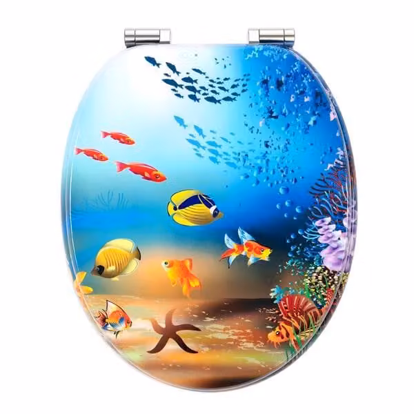 Sedile WC con chiusura ammortizzata | Anima in legno | Cerniere stabili con chiusura ammortizzata | Facile da montare | Superficie liscia | Fantastici motivi tra cui scegliere | Copriwater in legno universale (mondo sottomarino)