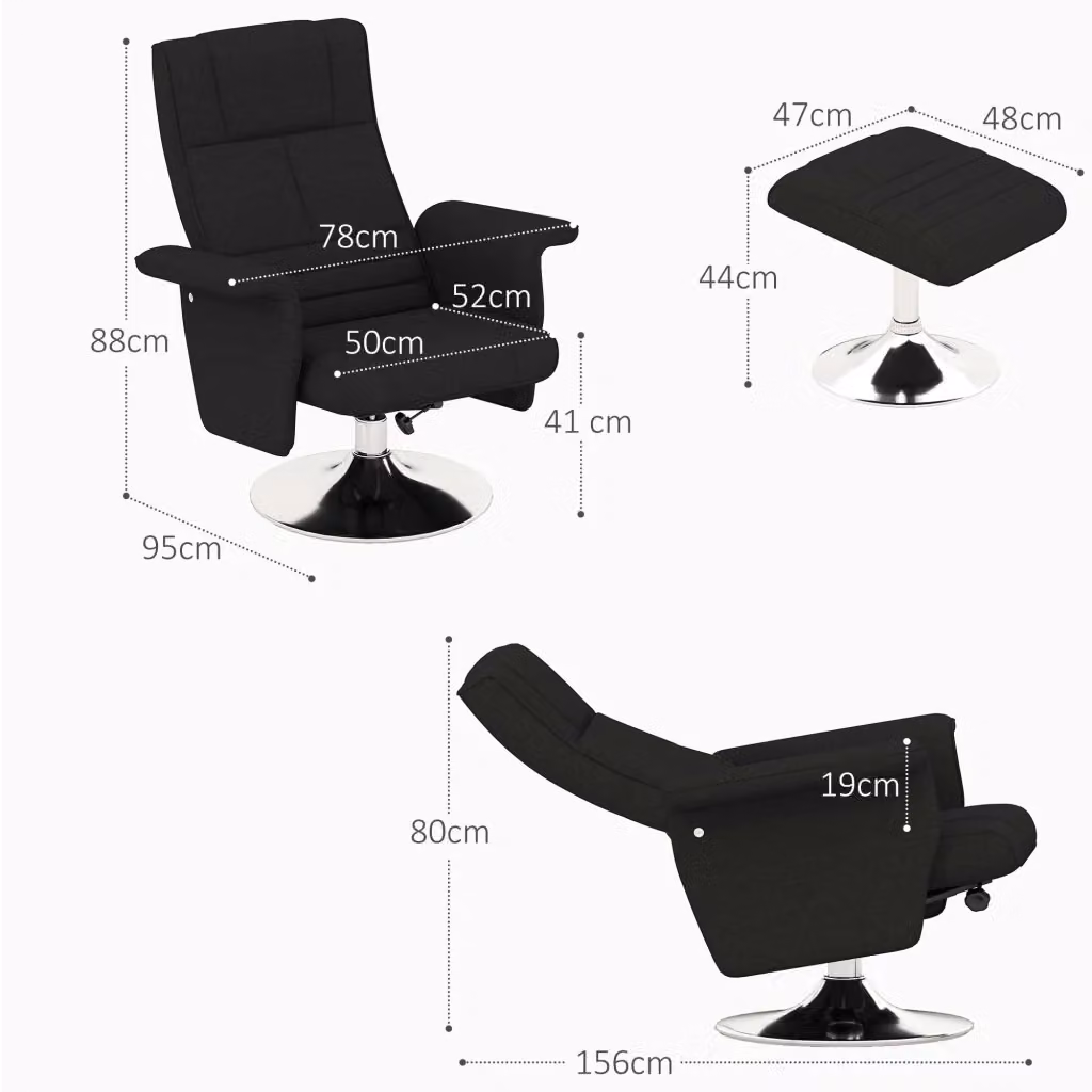 Poltrona relax girevole WISHDOR con poggiapiedi, reclinabile e in tessuto, nero – 2