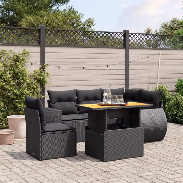 vidaXL Set Divano da Giardino a L 6 pz in Polyrattan Nero con Cuscini e Tavolino