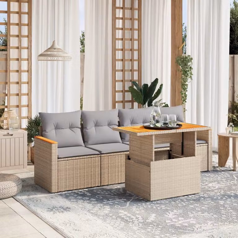 vidaXL Set Divano da Giardino 5 pz in Polyrattan Beige con Cuscini e Tavolino