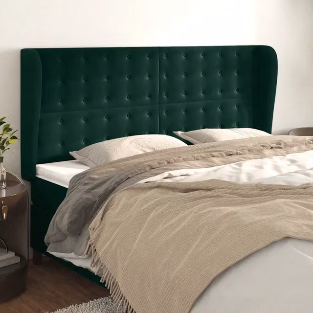 Testiera per letto classica vidaXL in velluto verde con struttura in legno e pannello imbottito L: 183 cm, P: 23 cm, H: 118-128 cm – 1