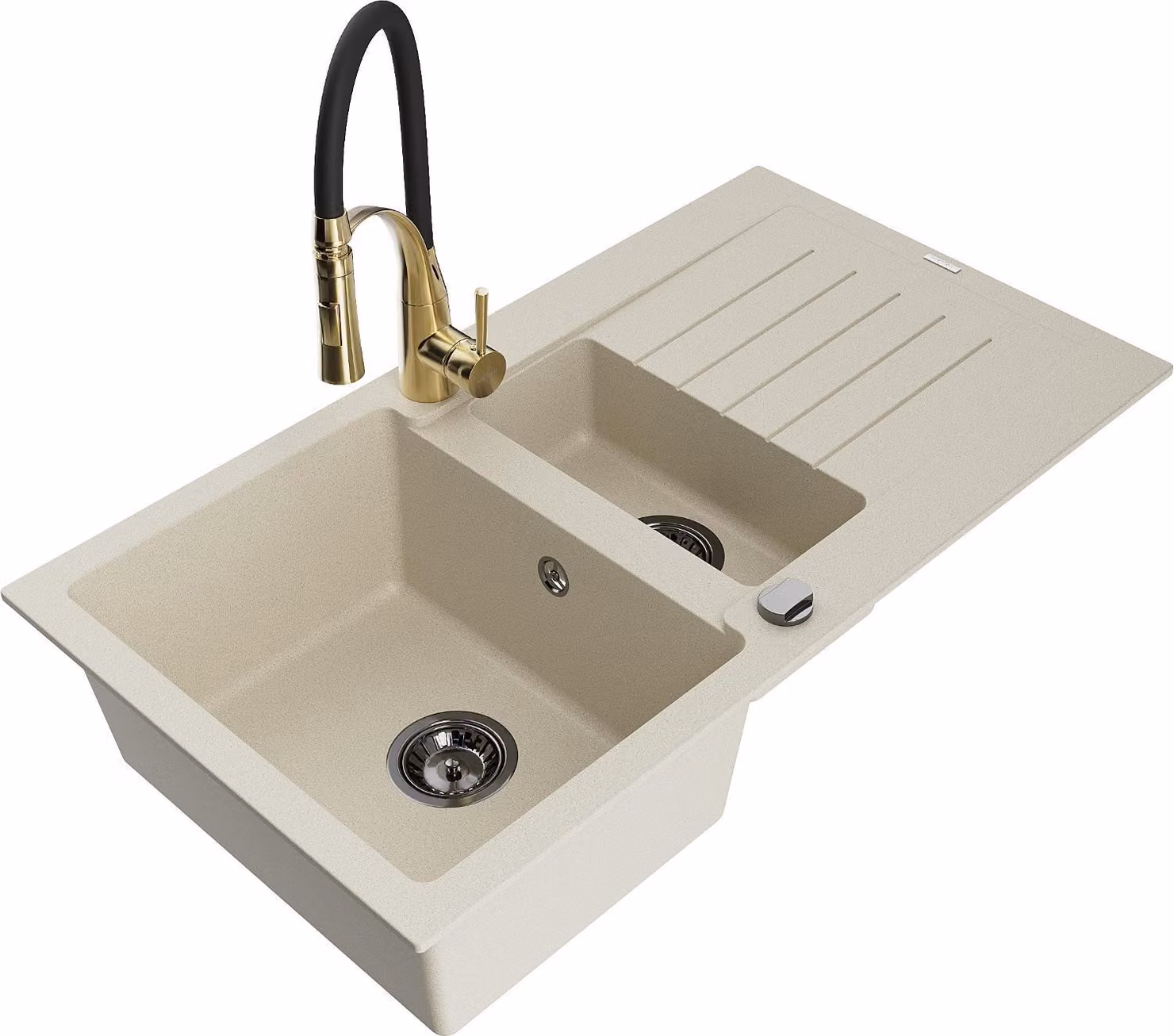 Mexen Matias lavello in granito 1,5 vasca con scolapiatti e rubinetto da cucina Aster, beige - 6502-69-73450-57-B
