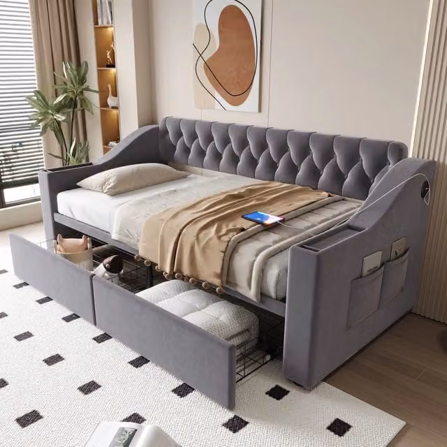 Letto divano REDOM in velluto grigio con cassetti contenitore e porta di ricarica USB, L/P/H: 190 x 90 x 43 cm