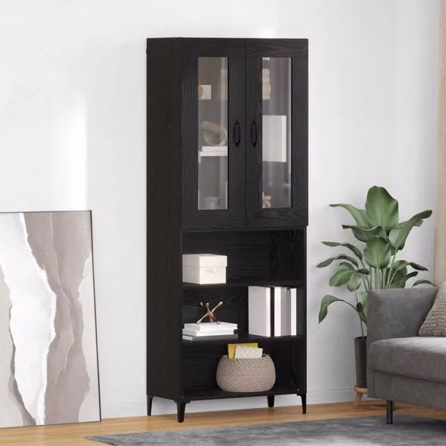 Credenza Buffet Moderna vidaXL in Legno Rovere e Nero con Ante in Vetro per Cucina e Soggiorno L: 69,5 cm, P: 34 cm, H: 180 cm