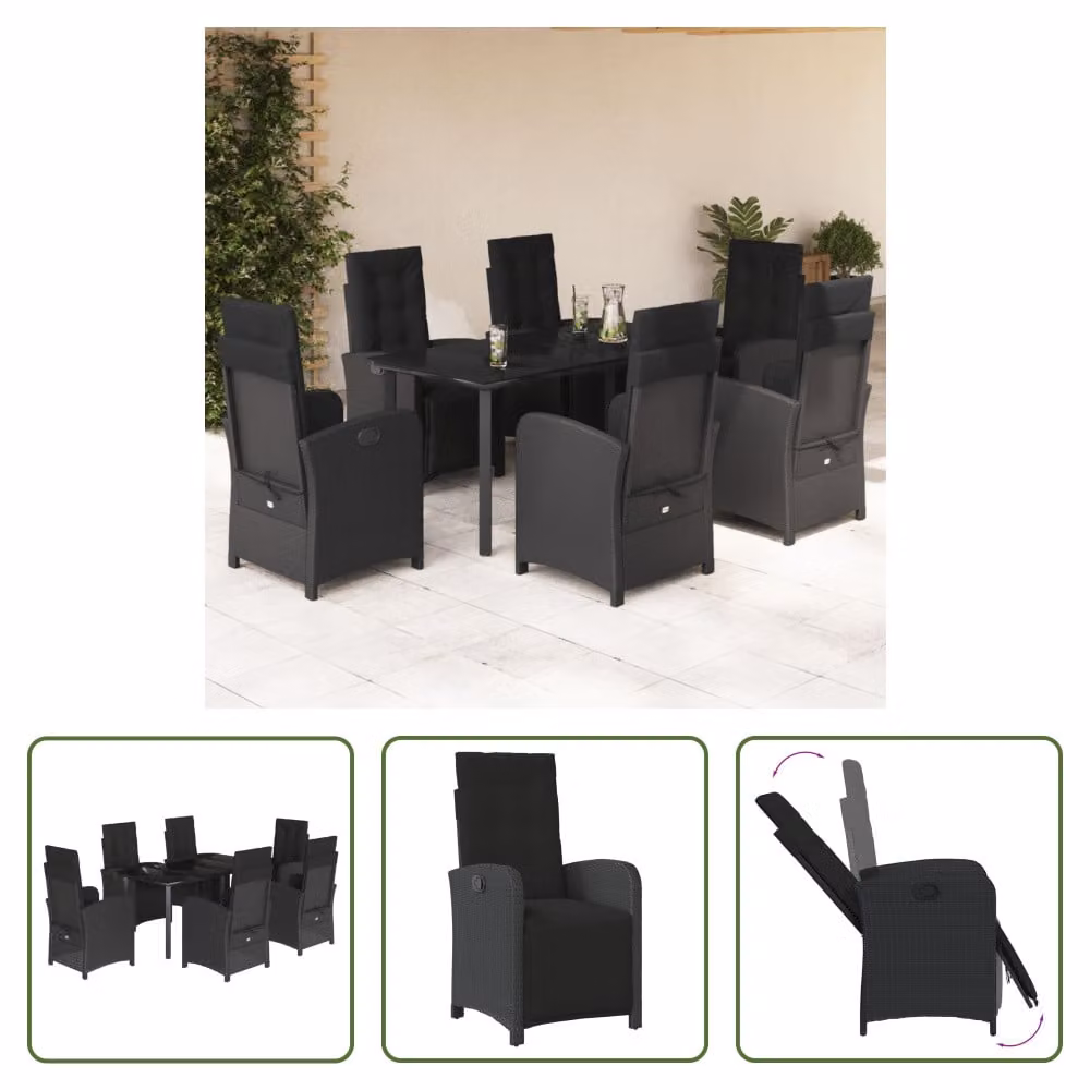 The Living Store Set da pranzo da giardino 7 pezzi con cuscini in polirattan nero