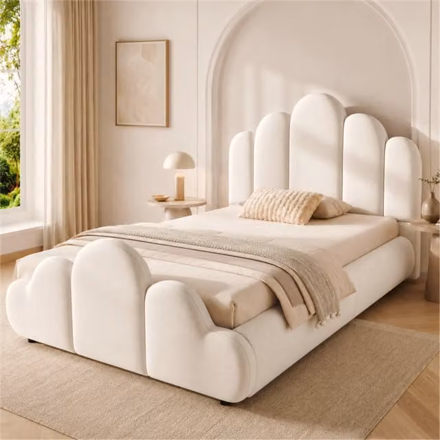 Letto singolo imbottito 90 × 200 cm con rete a doghe in velluto beige e angoli arrotondati