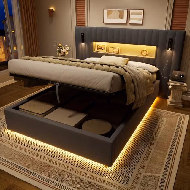 Letto matrimoniale 140x200 cm con contenitore idraulico; cassetti; 2 comodini; luci lettura; LED e porte USB; metallo