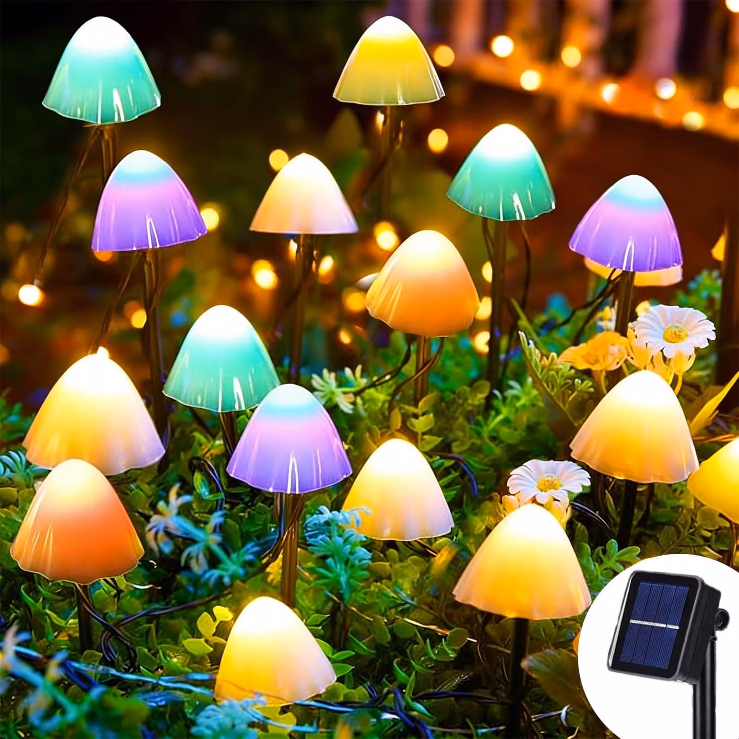 Catena luminosa solare a forma di fungo, 20 LED, 5 metri, multicolore, grado di protezione IP65, 2 modalità