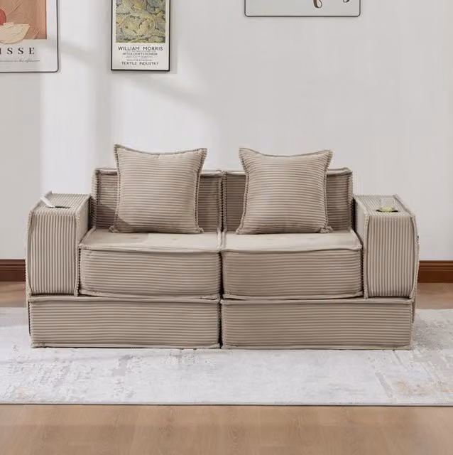 Divano pouf modulare in velluto a coste kaki; 162 x 78 x 66 cm; con tasche laterali e 2 cuscini