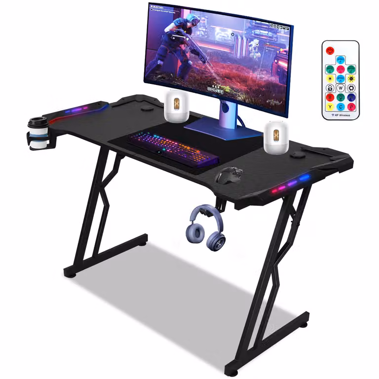 Clanmacy 120 x 60 cm scrivania da gioco con tappetino per mouse, LED, scrivania da gioco, scrivania per PC scrivania per computer con gancio per cuffie nero
