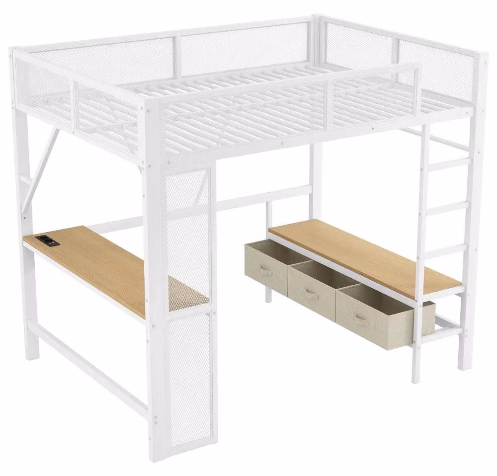 Set per lettino per bambini - Letto in metallo con armadio - 140 x 200 cm - Armadio aperto - 3 cassetti - Porta USB - Illuminazione LED - Bianco