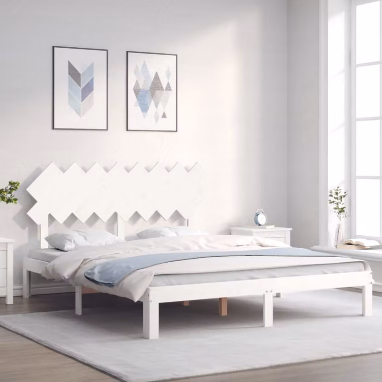 vidaXL Giroletto in legno massello di pino bianco con doghe fisse L/P/H: 203.5 x 160 x 80.5 cm