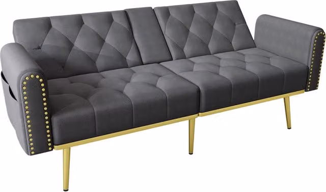 Divano letto doppio in velluto grigio con funzione reclinabile a 3 posizioni e porta bicchieri, 175x80x73,5 cm