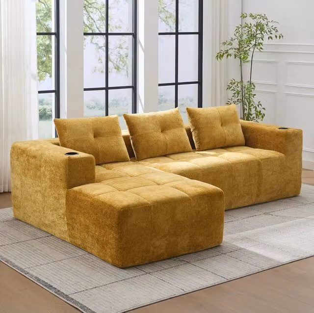 Divano angolare 4-5 posti 258 cm in ciniglia giallo con portabevande HOMVRA