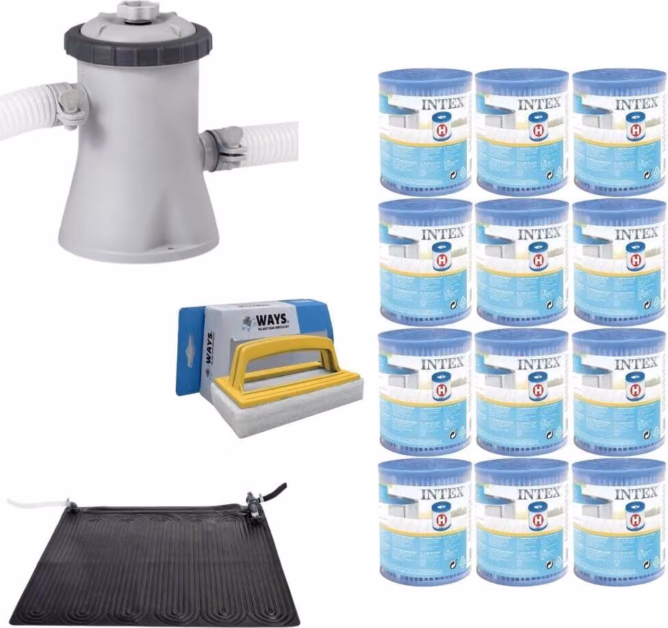 WAYS - Cura della piscina - Pompa di riscaldamento e filtraggio per piscine 1250 L/u e 12 filtri di tipo H & spazzola WAYS per il lavaggio