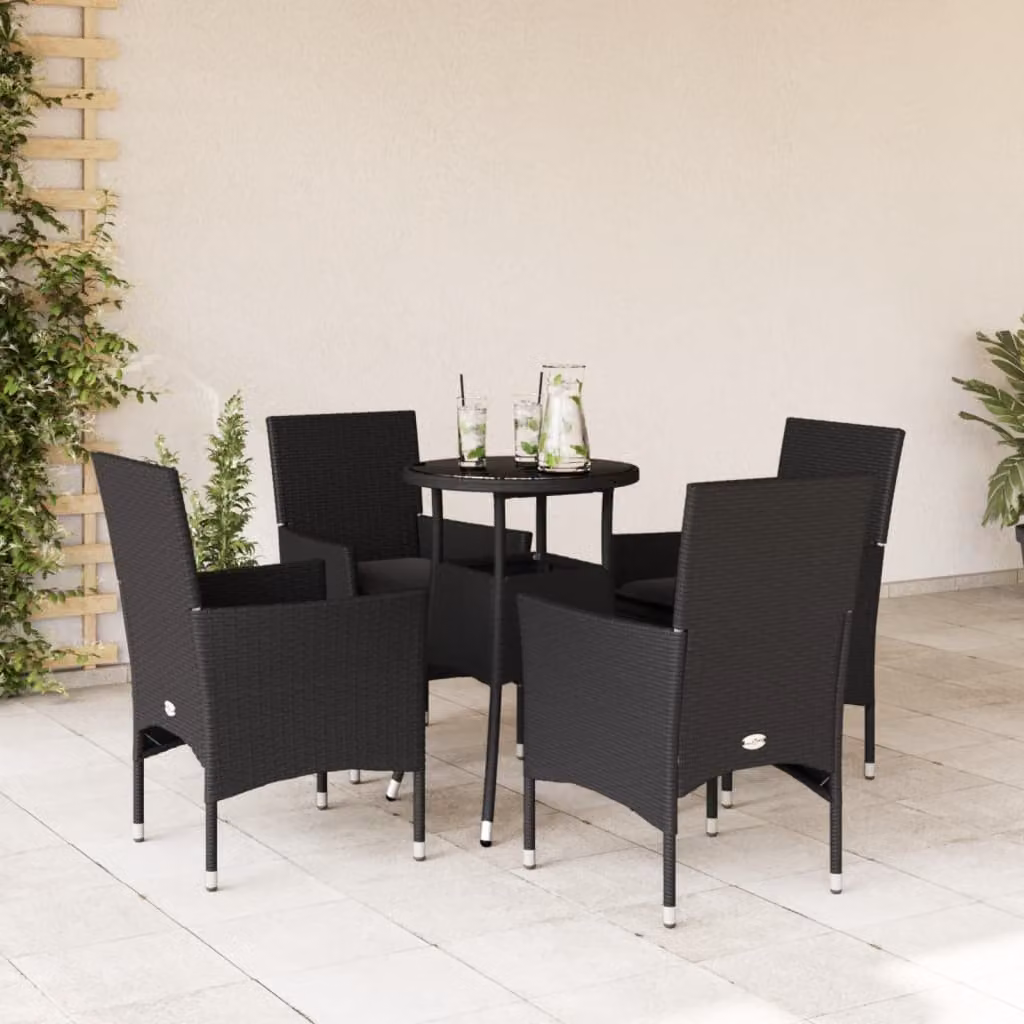 Set da pranzo da giardino vidaXL in polyrattan e vetro nero con 5 pezzi e cuscini – 1