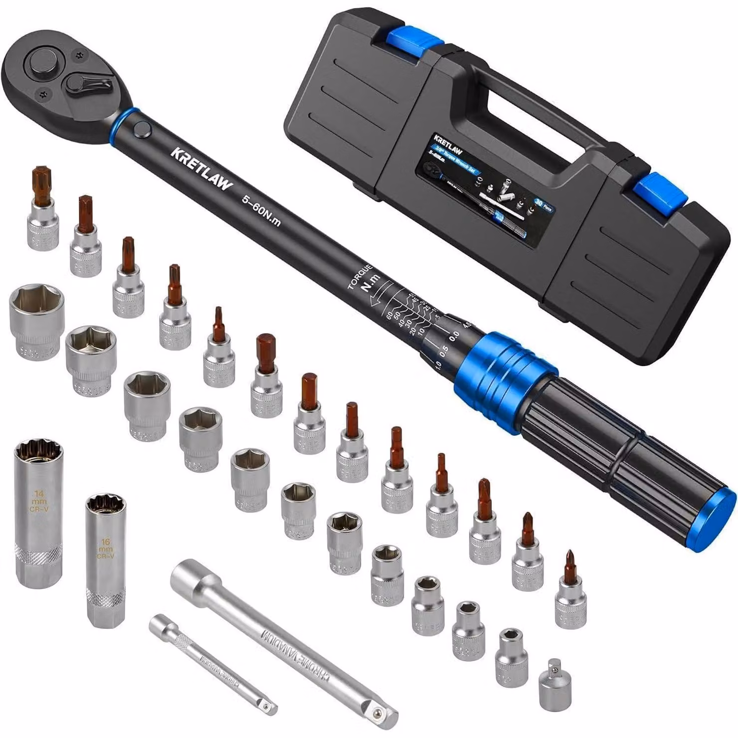Set di chiavi dinamometriche da 30 pezzi, attacco da 3/8", coppia da 5-60 Nm, 72 denti, precisione ±3%, con prolunghe e bussole