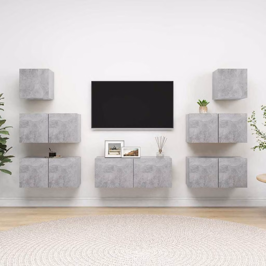 Set di mobili porta TV moderno vidaXL composto da 7 pezzi in legno e MDF, colore grigio cemento opaco