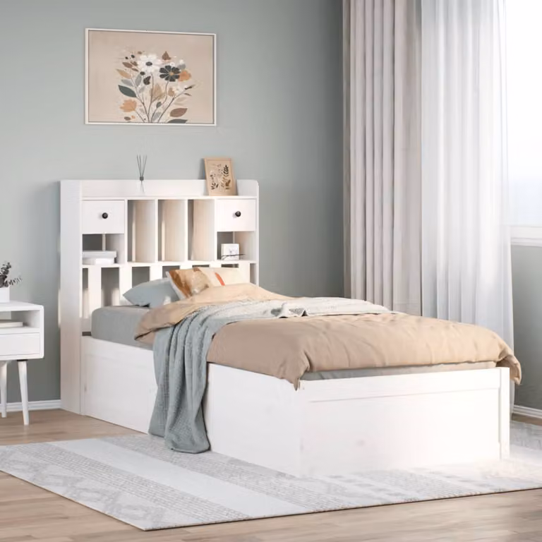 vidaXL Letto per adulti in legno massello di pino bianco laccato con doghe piatte, L/P/H: 190 x 90 x 110 cm