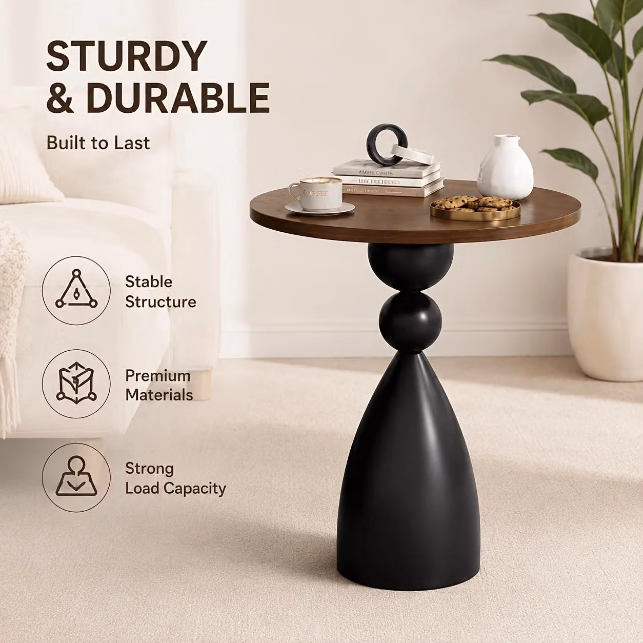 Tavolino rotondo - Stile moderno e minimalista - Piano in legno color noce - Struttura in metallo - Altezza 59 cm - Assemblaggio richiesto