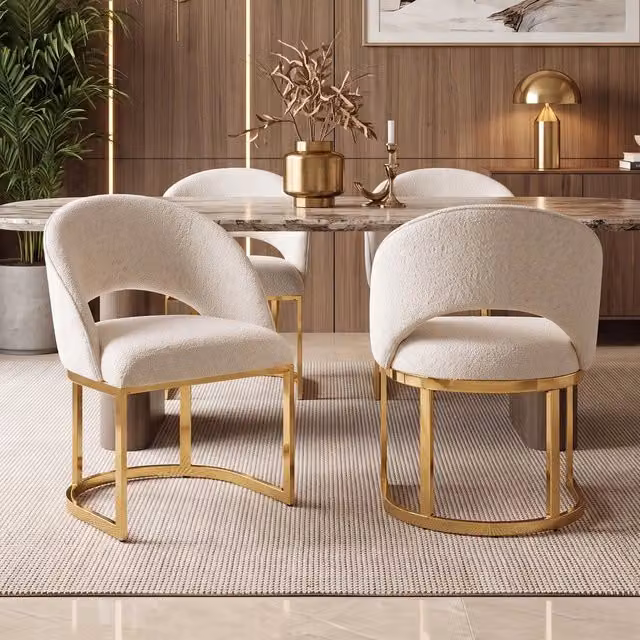 Set 4 Sedie da Pranzo ¨C Minimal ¨C Beige, rivestimento boucle, gambe oro, stile moderno