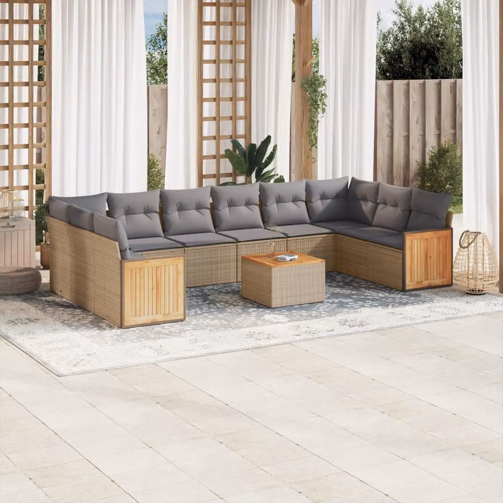 vidaXL Set Divani da Giardino 11 pz a Forma a L con Cuscini Beige e Tavolino, Polyrattan e Acciaio Verniciato a Polvere