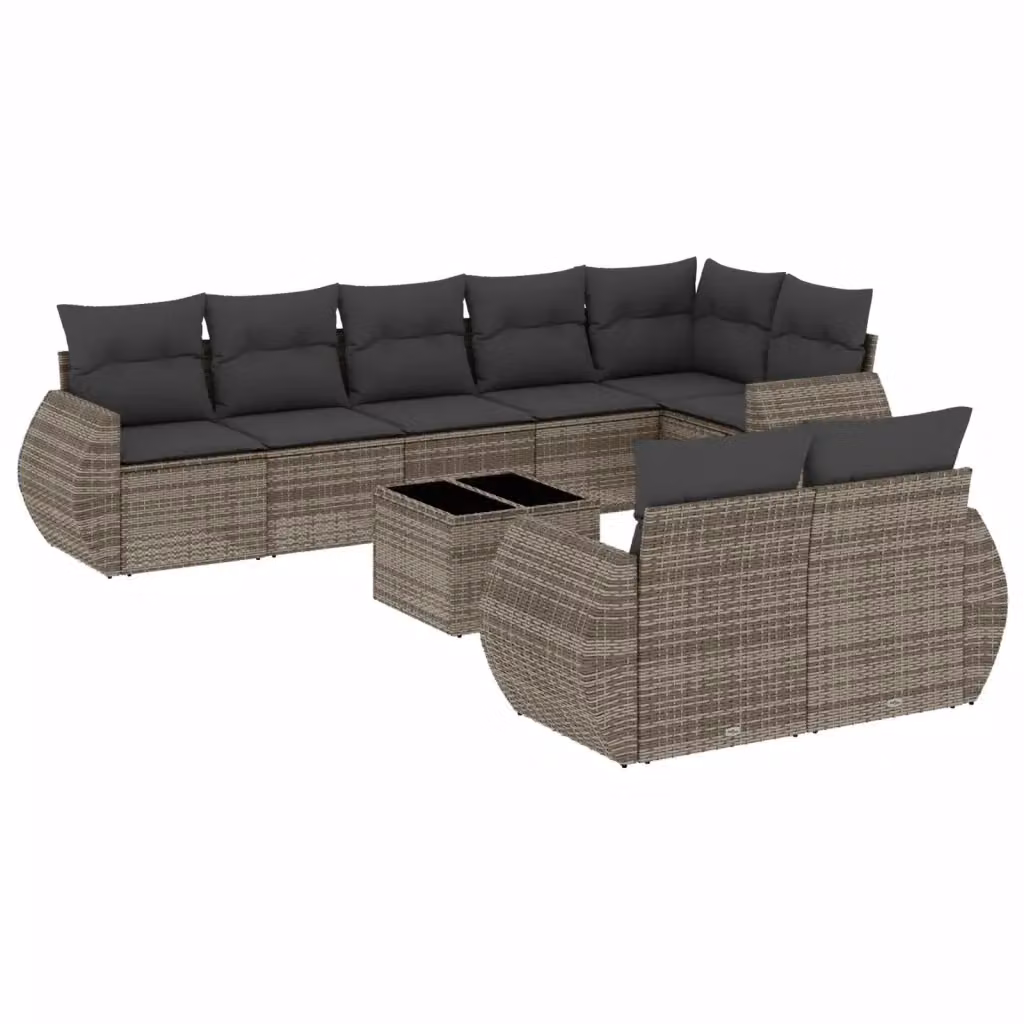 vidaXL Set Divano da Giardino 9 pz a forma di U in Polyrattan Grigio con Cuscini e Tavolino – 2