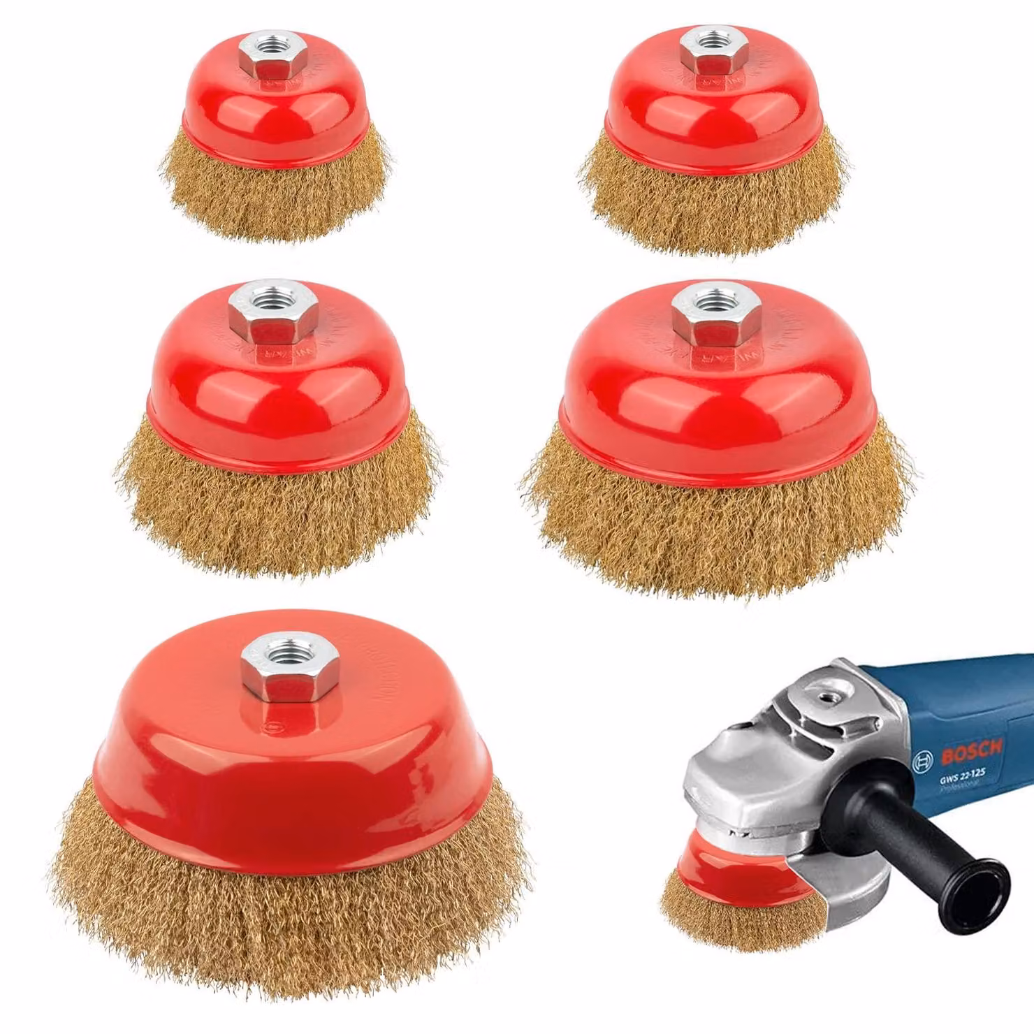Set di spazzole metalliche, composto da 5 pezzi, con filettatura M14, da 60 a 125 mm, per smerigliatrici angolari