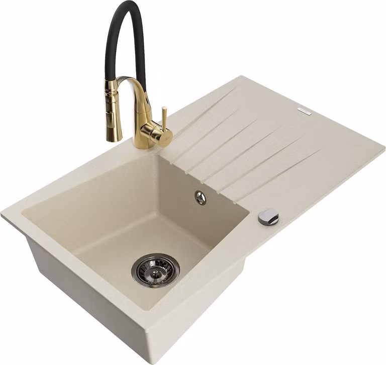 Mexen Cesar lavello in granito a 1 vasca con scolapiatti e rubinetto da cucina Aster, beige - 6514-69-73450-57-B