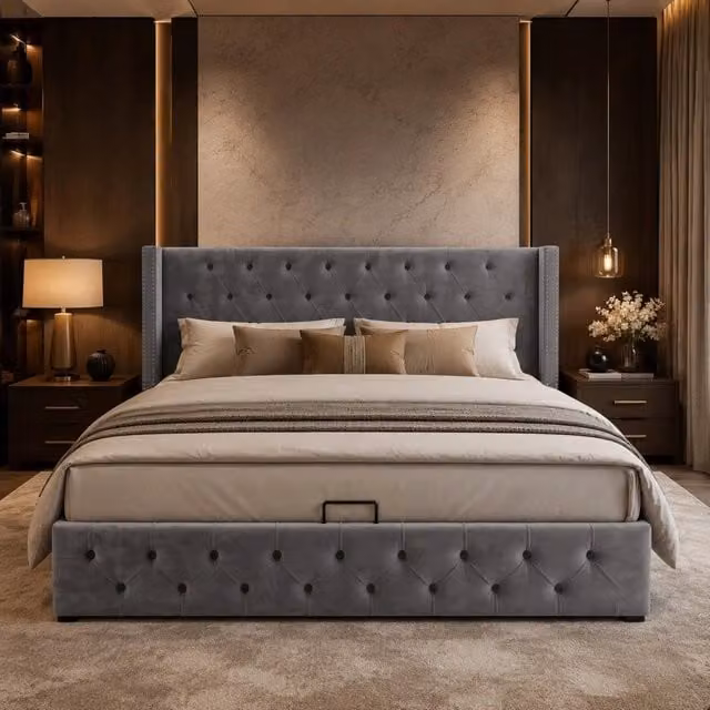 Letto matrimoniale contenitore idraulico 180x200 cm in velluto grigio con testiera Chesterfield