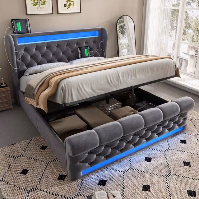 Letto imbottito con contenitore; LED; USB e Type-C; 140x190 cm; velluto grigio