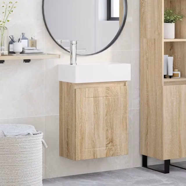 Mobile bagno moderno vidaXL in legno rovere e ceramica bianca, sospeso, L: 45,5 cm, P: 25,5 cm, H: 84 cm