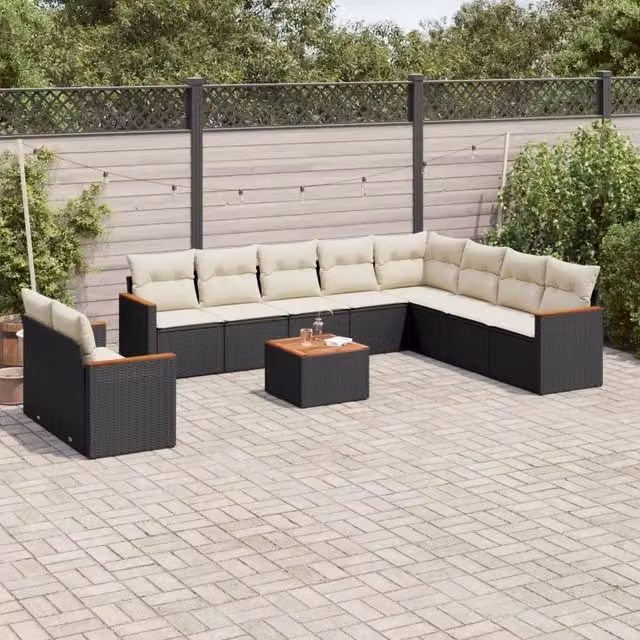Set di Divani da Giardino a L vidaXL in Polyrattan Nero con Cuscini e Tavolino da Esterno