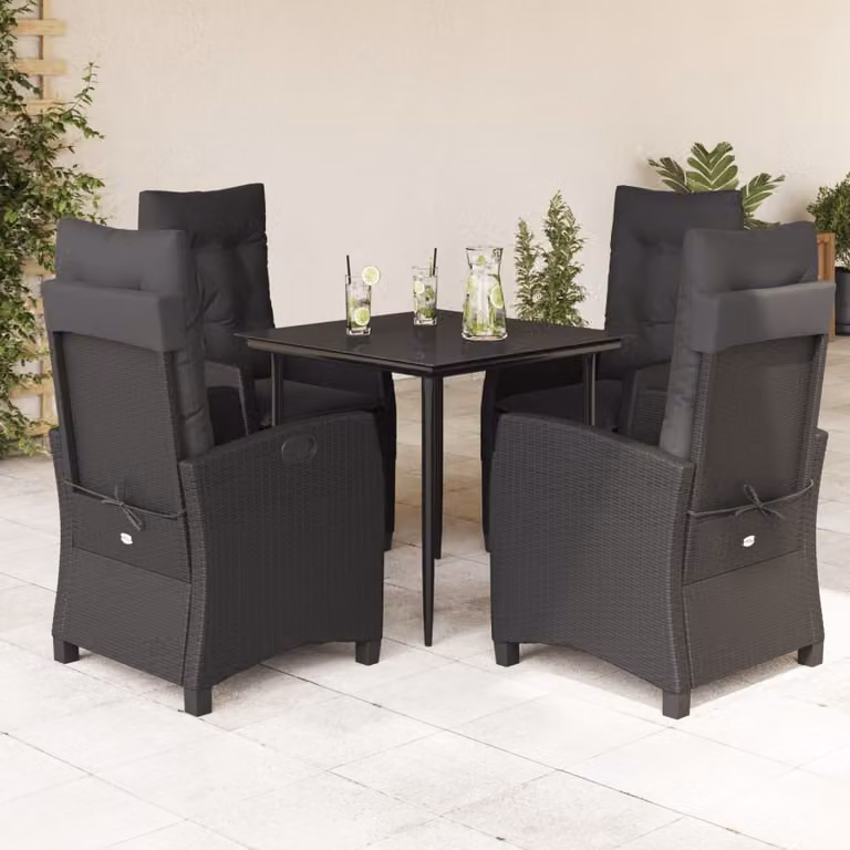 Set da Pranzo da Giardino vidaXL 5 pz Nero in Polyrattan con Piano in Vetro
