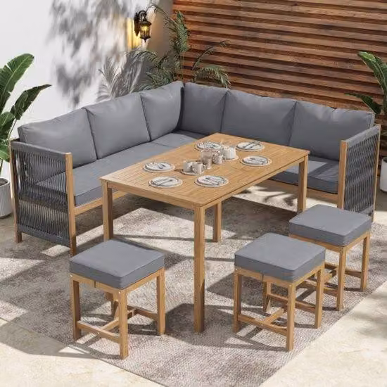 Set di mobili da giardino con cuscini, panca angolare, set lounge in polyrattan, set da balcone, set da esterno composto da tavolo e sedie per 7-8 persone, con panca, 3 sedie e 1 tavolo, in legno di acacia, grigio + naturale