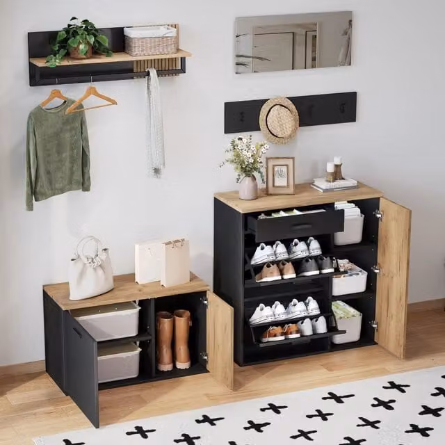 Set Mobili Ingresso 5 Pezzi con Scarpiera a Ribalta e Specchio Legno e Nero
