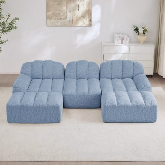 Divano a U modulare senza struttura con schiuma 32D ad alta densità e ottomani in fleece granulato blu 288 × 165 × 79 cm