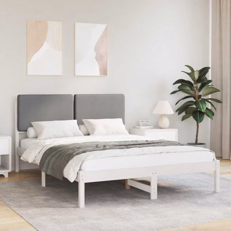 Letto con testiera rivestita vidaXL in legno di pino e tessuto, Grigio, L: 140 cm, P: 190 cm