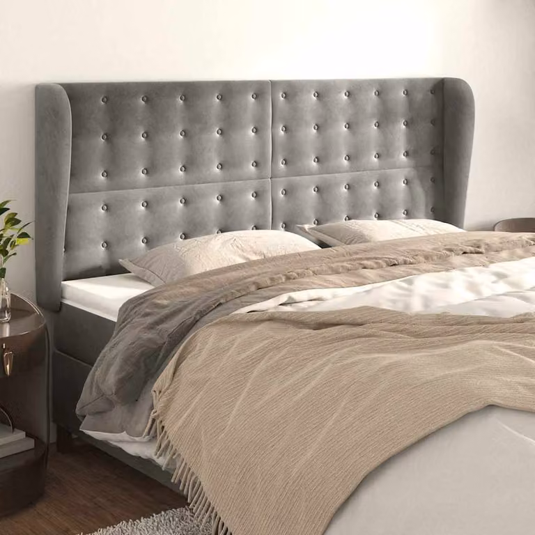 Testiera ad orecchio vidaXL in velluto grigio chiaro con struttura in legno e MDF, L: 203 cm, P: 23 cm, H: 118/128 cm