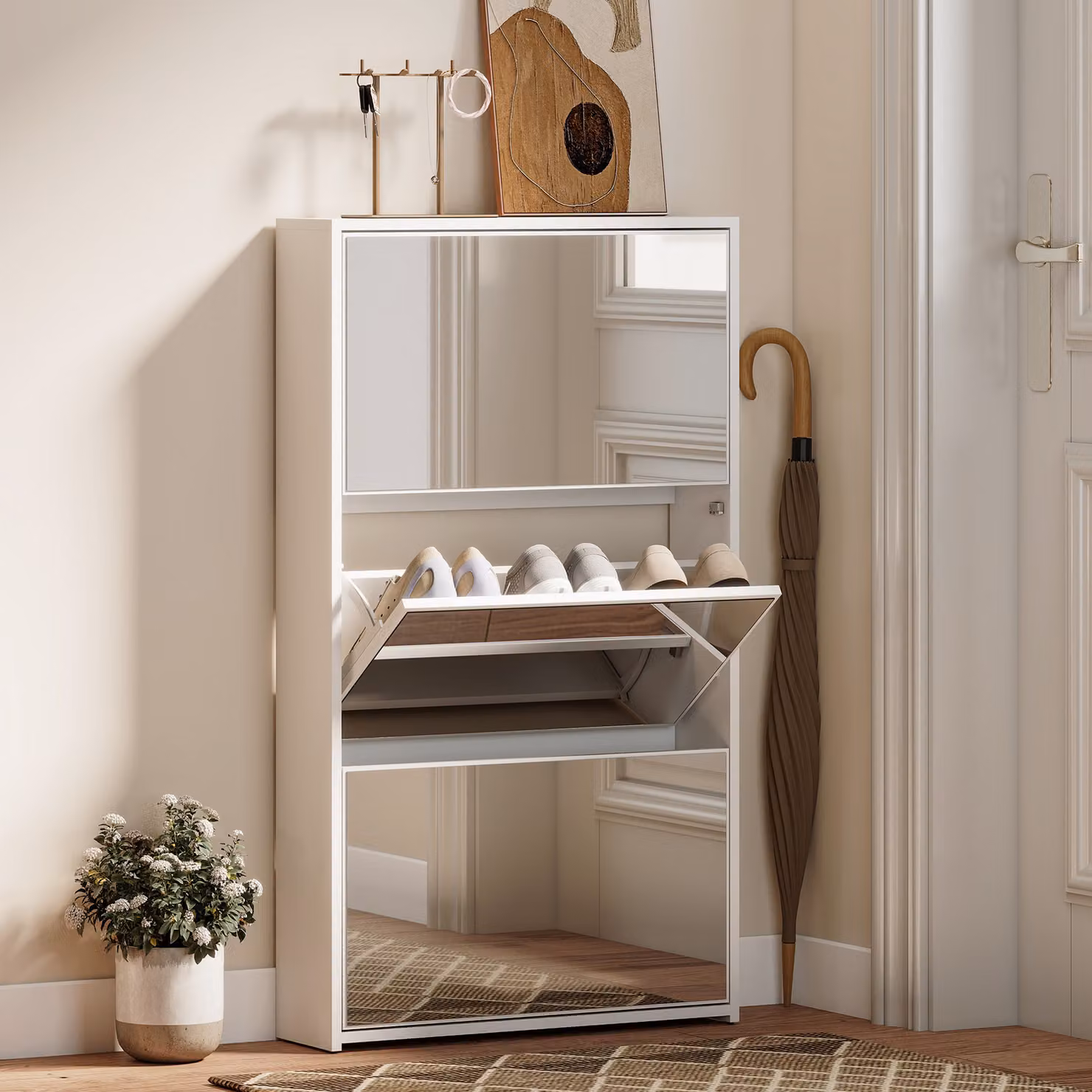Scarpiera HOMCOM con specchio e 3 cassetti a ribalta in legno, Bianco, L: 65 cm, P: 17 cm, H: 114.5 cm – 2