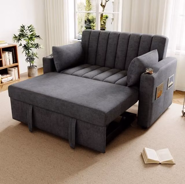 Divano letto 2 posti 136x162x84 cm grigio effetto lino; schienale regolabile