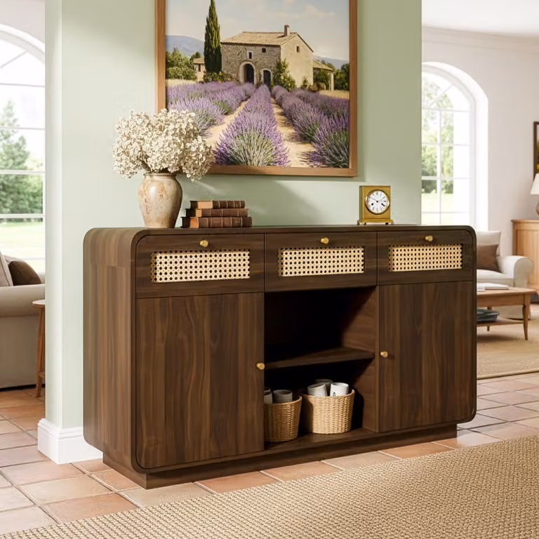 Flieks cassettiera da soggiorno in rattan con 3 cassetti, mobile credenza con ripiani regolabili in altezza, Noce