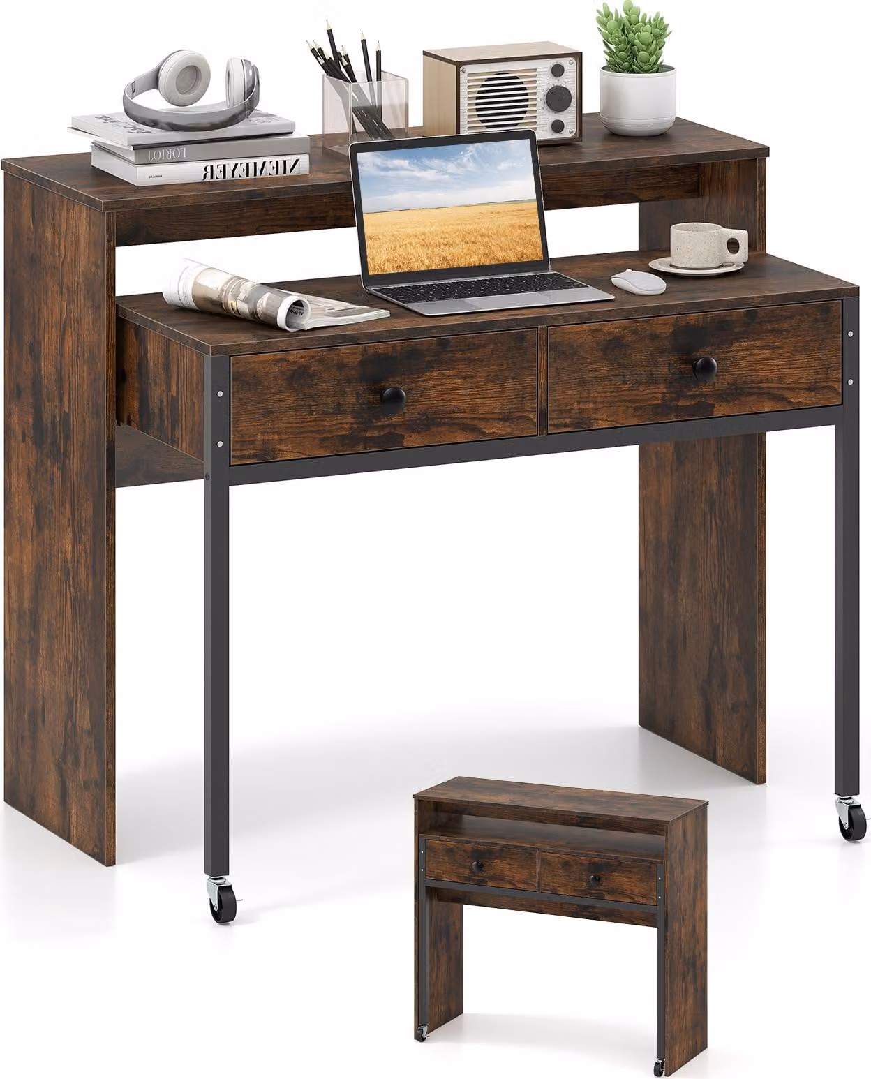 COSTWAY Scrivania allungabile, piccola scrivania per computer con 2 cassetti, struttura in metallo e rotelle, scrivania per ufficio, scrivania da lavoro, scrivania per PC 100x63x88 cm naturale