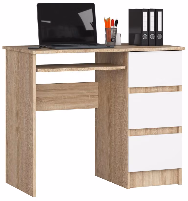 Scrivania A-6 Rovere Sonoma Bianca con spazio di archiviazione e design moderno