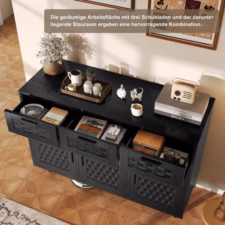 UnboxG Credenza nera in materiale composito con finitura in rattan PVC, mobile contenitore moderno con ante e cassetti per il soggiorno e la zona pranzo