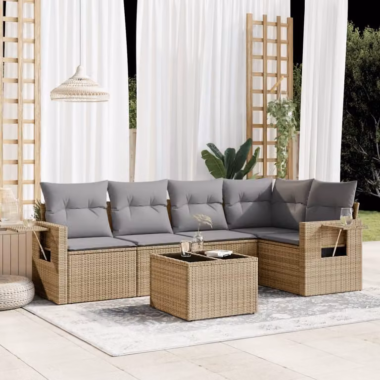 vidaXL Set Divano da Giardino 6 pz a L in Polyrattan con Cuscini Beige e Grigio