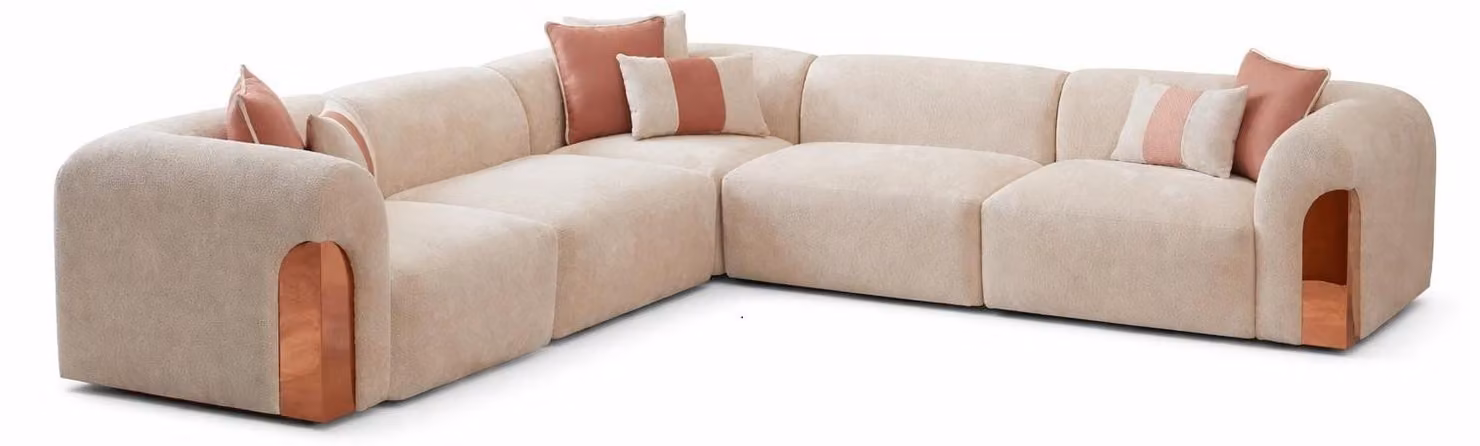 Lussuoso divano ad angolo beige in tessuto, grande e comodo, per il soggiorno