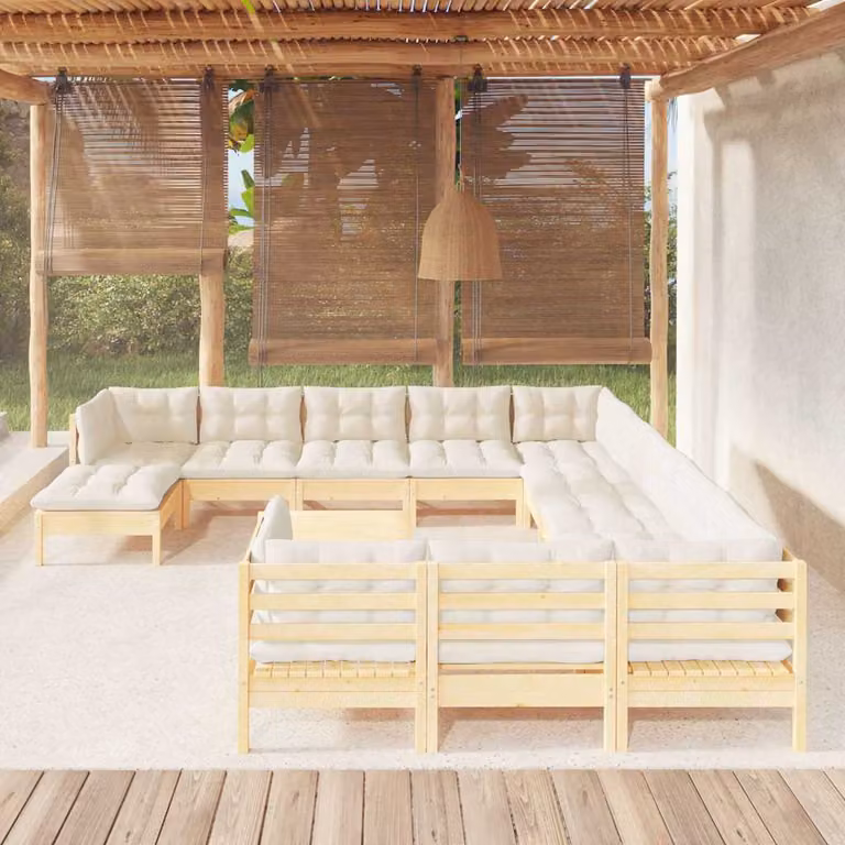 vidaXL Set Salotto da Giardino a L in Legno di Pino con Cuscini Beige e Bianchi