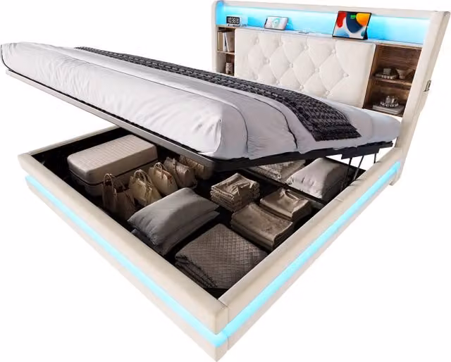 Letto contenitore matrimoniale Chicfurn in velluto beige con testiera, illuminazione LED, porte USB e Type-C, L/P/H: 140 x 200 x 106,5 cm