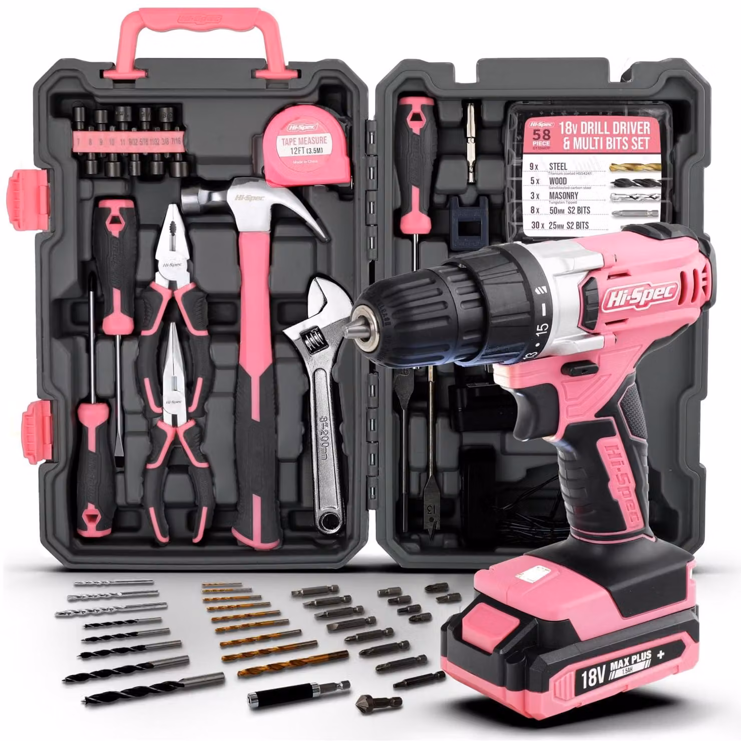 Trapano a batteria - 18 V - 1500 mAh - Rosa - Set completo con valigetta per fai da te e bricolage